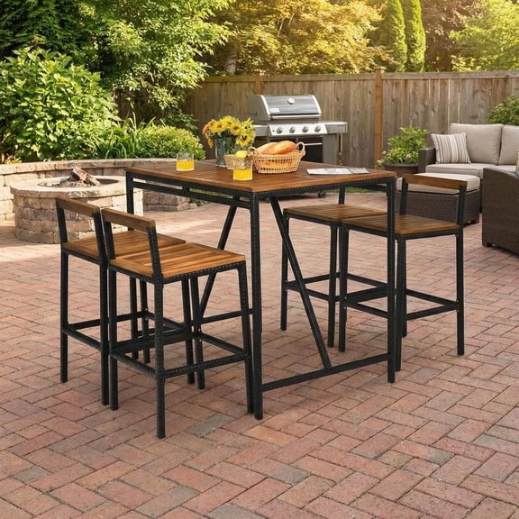 Topcobe 5 Pieces Outdoor Acacia Wood and PE Rattan Bar Set, Outdoor Patio Furniture for Balcony Garden Backyard