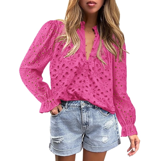 Blusa de Encaje con Cuello en V y Mangas Abullonadas para Mujer PRETTYGARDEN XXL