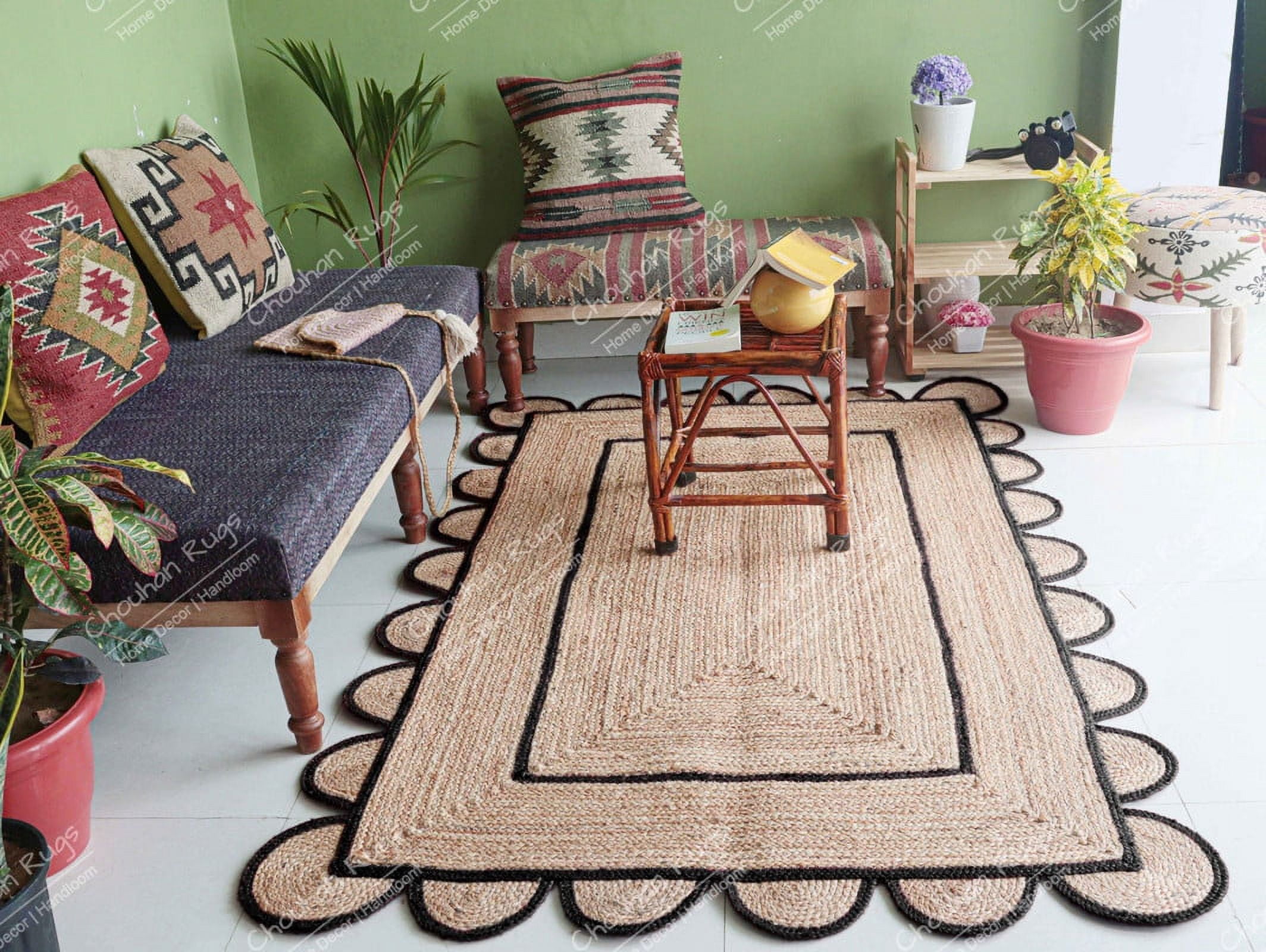 Area Rug Natural Jute Hand Braided Rug Black Scalloped Runner