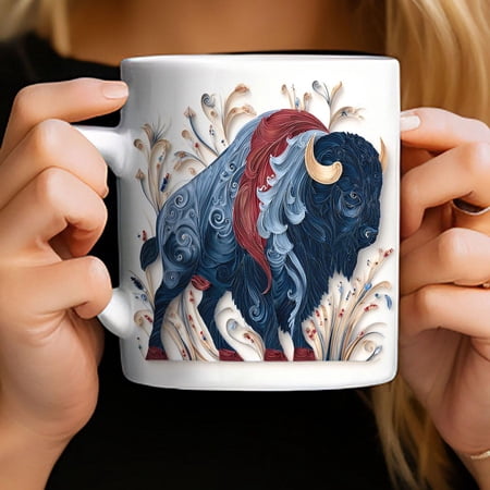 Patriotic Buffalo, Red White and Blue Bison, Morning coffee cup, 250th Anniversary USA, Fourth of July Coffee Mug, Faux Quill Look