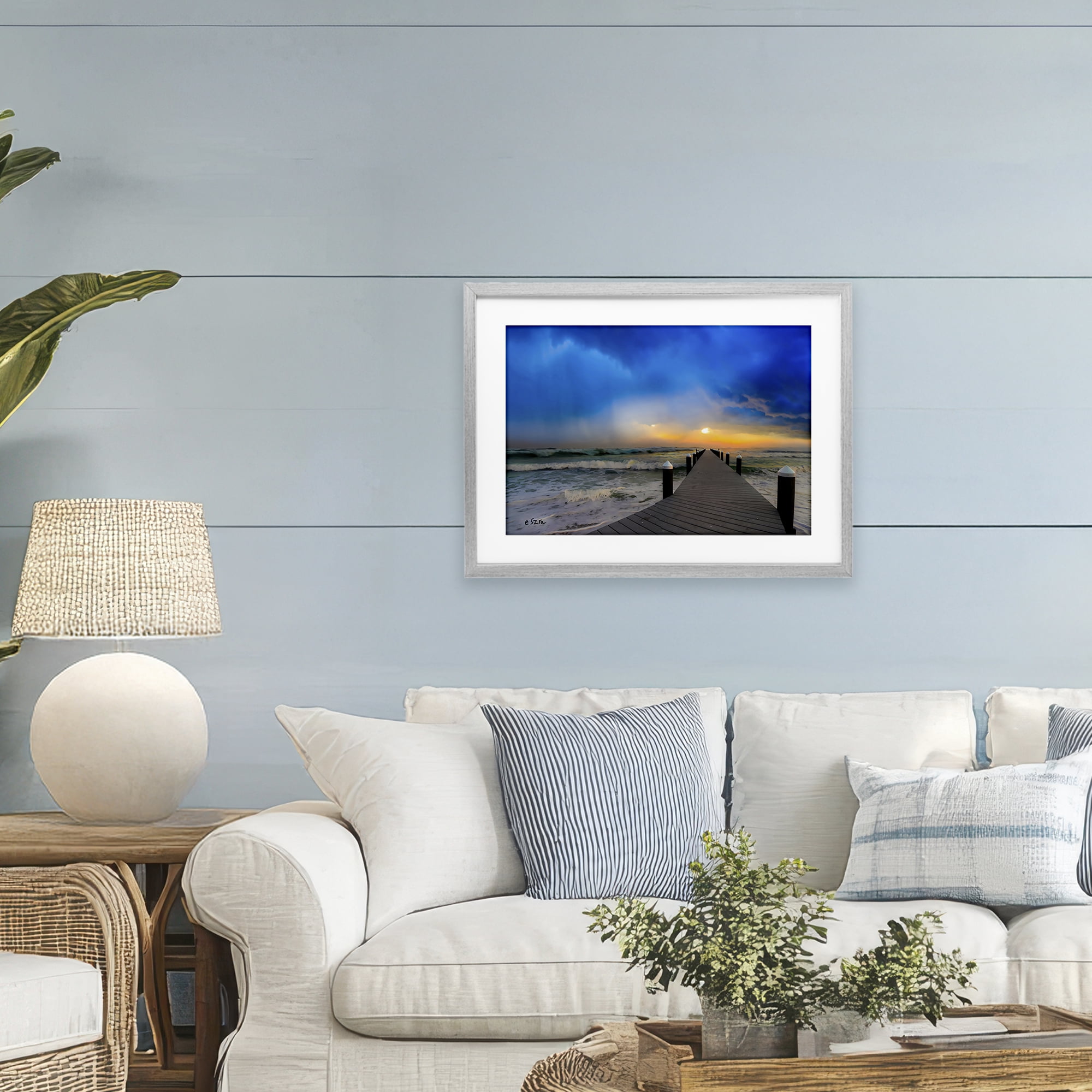 Stupell Industries Sun Breaking Over Sea Pier Gray Framed Print Under Glass, design by Eszra Tanner