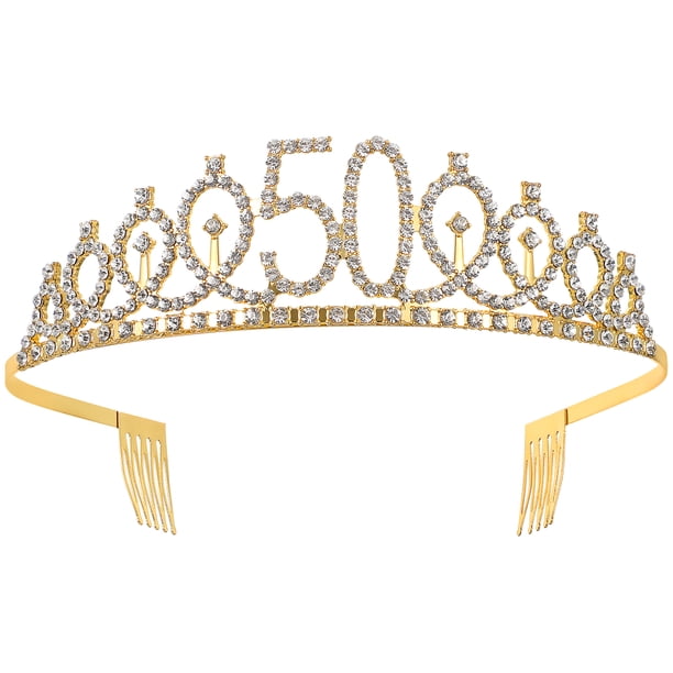 KAKOWELY Tiara de cumpleaños número 50 para niña con cristales y diamantes de imitación, corona de reina, diadema con peines para el pelo, ideal para decoraciones de fiesta de graduación (dorada)