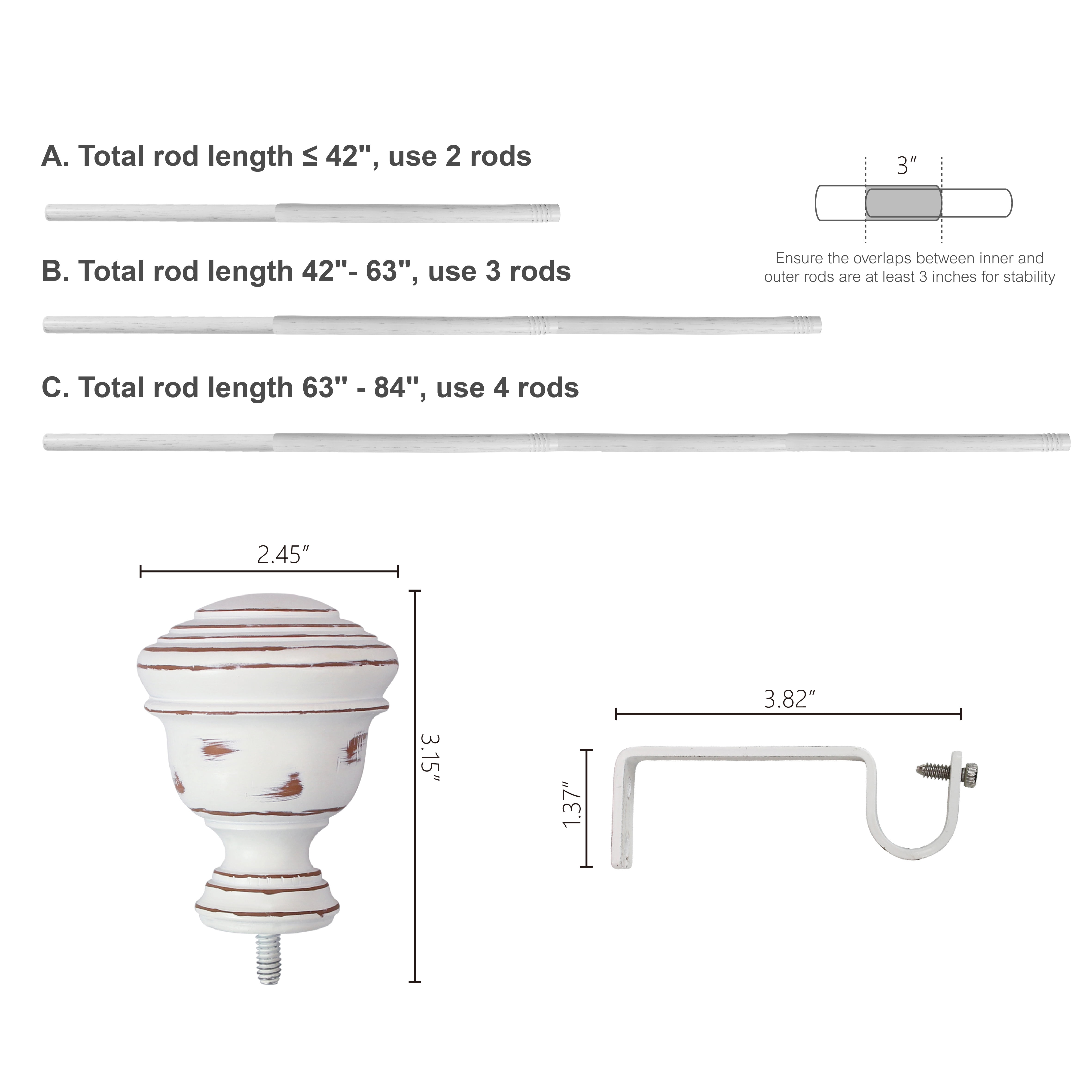 Mainstays 3/4" White Faux Wood Urn Single Curtain Rod Set, 25-84"