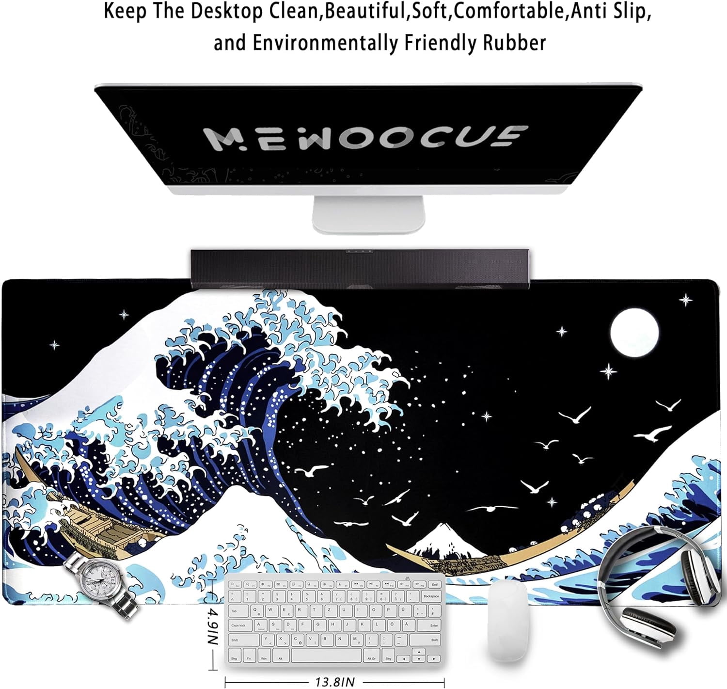 Gaming Laptop Mouse Pad,Sea Wave Big Mice Pads PC Keyboard Waterproof and Non-Slip 35.4 x 15.7" 0.12" Thick Thick XL,XXL Rubber Table Mat, Kanagawa Surfing and Black Japanese Mouse Pads
