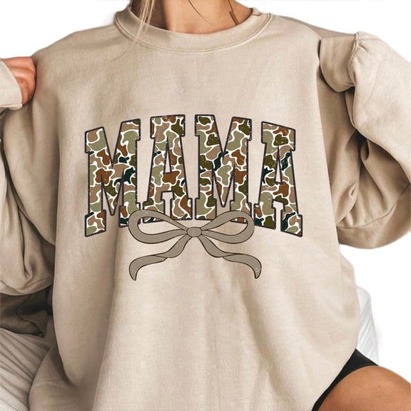 Camouflage Mama Sweatshirt – Camo Mama Pullover, Hunting Mom Sweater, Duck Hunting Outfit, Old School Camo Coquette Style, Mother’s Day Gift for Mama of Hunters