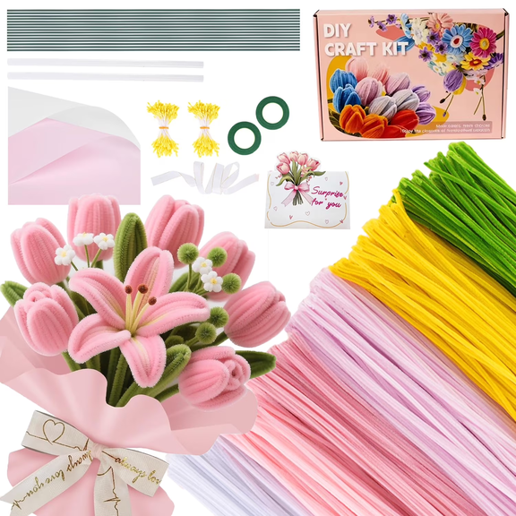 600pcs Pipe Cleaner Bulk Flower Kit,Pipe Cleaners Craft, 6 Colors Chenille Stems Flower Making Kit with Floral Wires, Gardening Tape, Stamen, Floral Wrapping Paper & Ribbon for Art and Craft Supplies