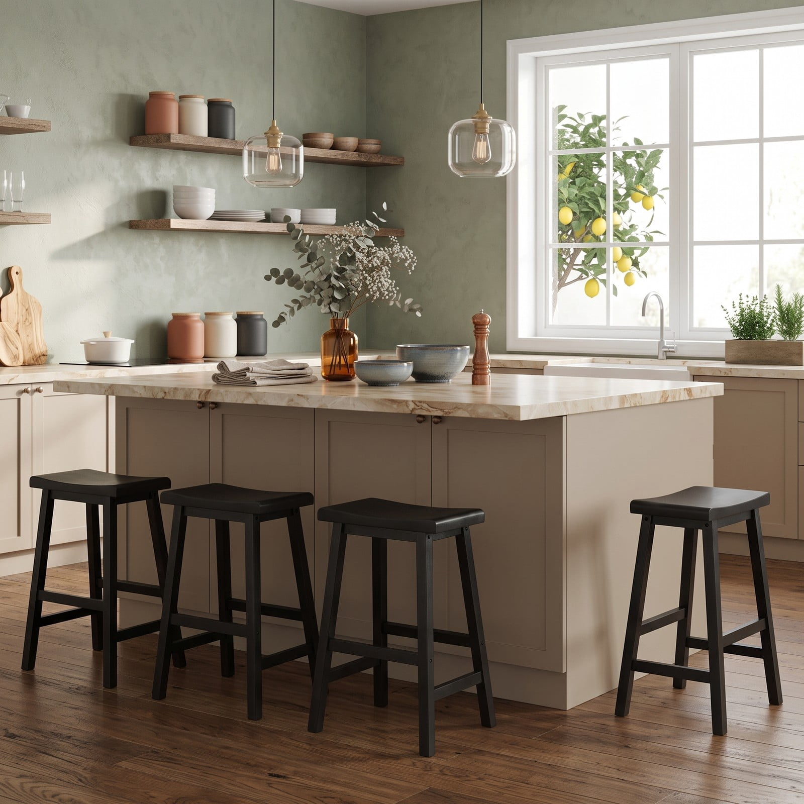 Furnibear 24 Inch Counter Height Bar Stools Set of 2, Solid Wood Saddle Backless Kitchen Island Stools with Footrest and Anti-Slip Pads, 400 lb Capacity, Black