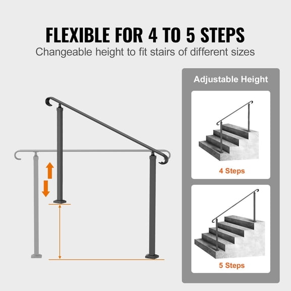 Outdoor Stair Railing for 3-5 Steps - Black Wrought Iron Handrail for Porch, Concrete and Wood Steps, Easy No-Drill Installation