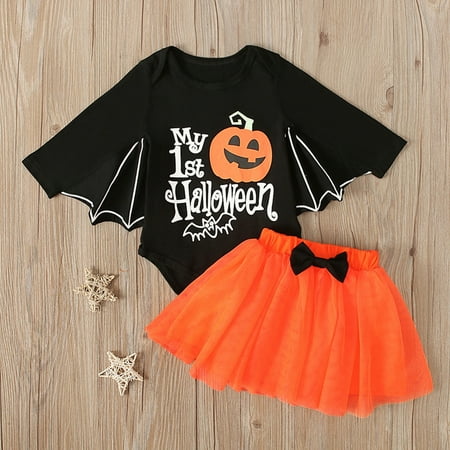 

Fidelma Girls Outfits&Set Nfant Baby Girls Halloween Cartoon Print Romper Bodysuit+Tulle Skirts Outfits Orange-100
