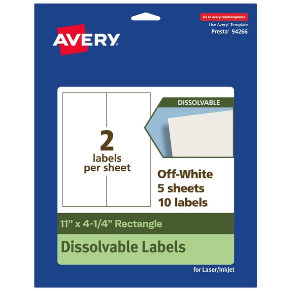 Avery Dissolvable Rectangle Labels, 11" x 4.25", 10 Labels