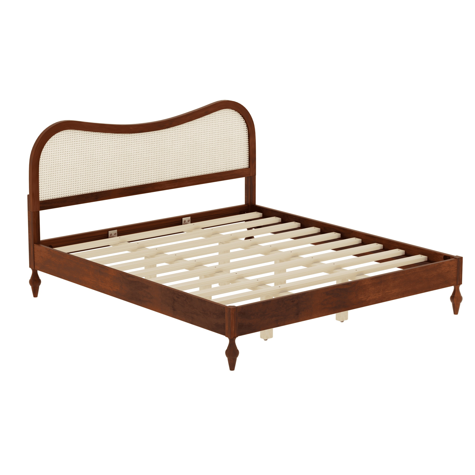 Mintazer Modern King Platform Bed with Wave Rattan Cane Headboard, Mid-Century Boho Bed Frame with Turned Legs for Bedroom, No Box Spring Needed, Walnut