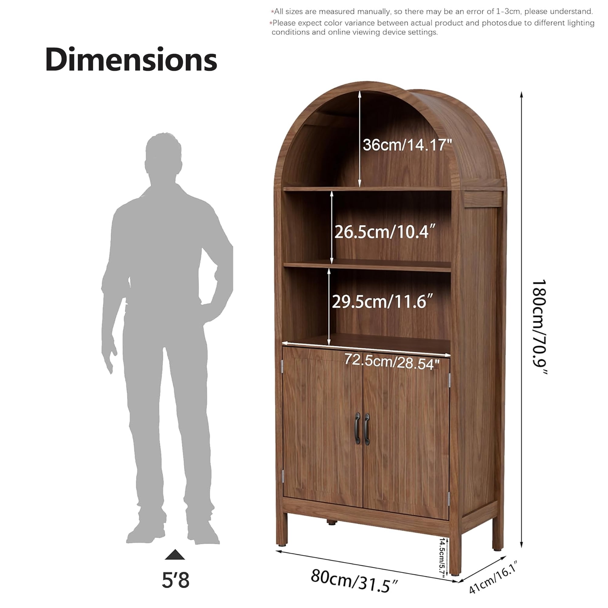 Oubayajia 70.9" Tall Storage Cabinet, Arched Kitchen Cupboard with with Fluted Doors for Living Dining Room, Walnut