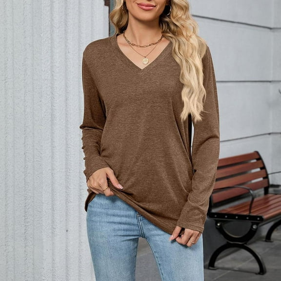 Neewe Womens 2025 Fall Long Sleeve Shirts Basic Apparel Shirts Trendy V Neck Tshirt for Women Curved Hem Tops