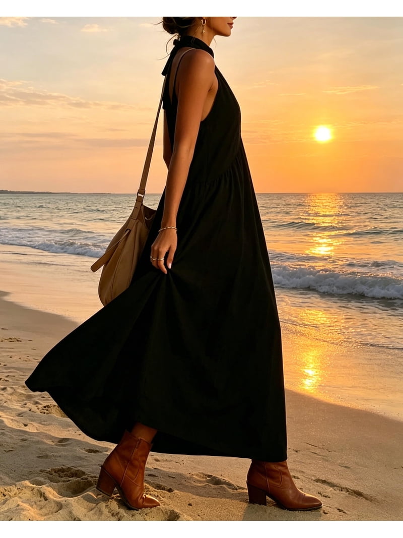2026 Minimalist Halter Neck Maxi Dress, Women’s Sleeveless Maxi Dress with Pockets for Beach, Party, Vacation