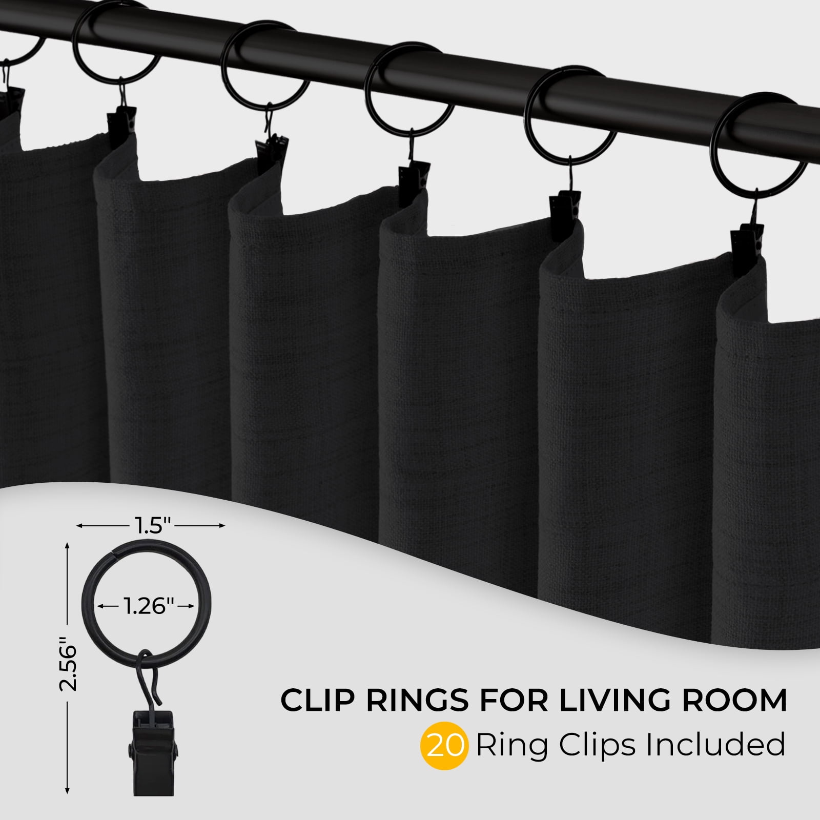 100% Blackout Faux Linen Curtains for Livingroom Bedroom W50 X L84,2 Panels Set Thermal Insulated Curtains With Free 20 Ring Clips- Black
