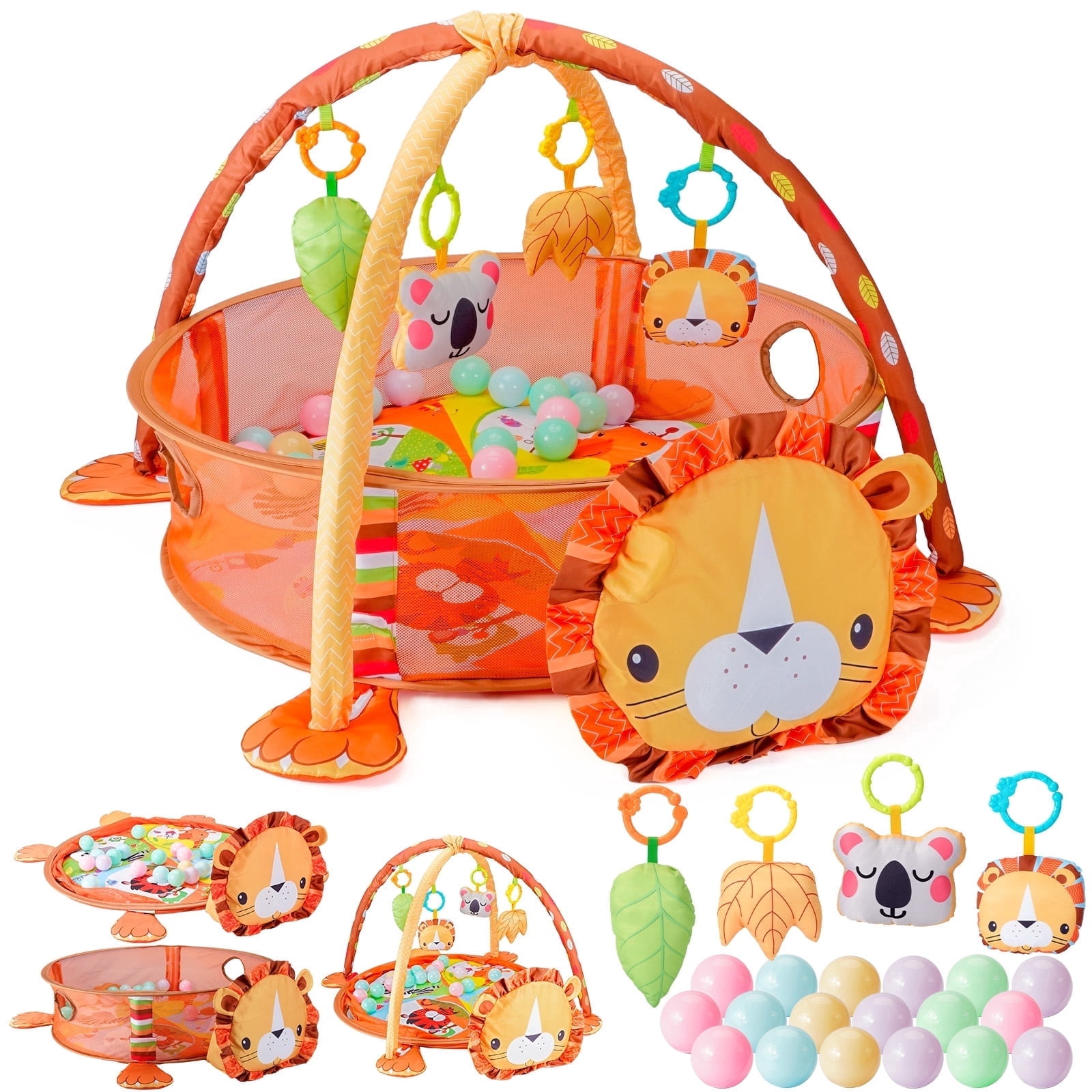 Towond 4-in-1 Baby Play Gym & Play Mat with 18 Ocean Balls, Tummy Time Mat & Ball Pit, Lion Theme, 0-36 Months