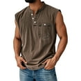 thumbnail image 2 of LISTHA Men Tank Tops Henley Gym Sleeveless Solid T-Shirt Vintage Distressed Washed Summer Polo Shirt with Pocket Brown L, 2 of 5