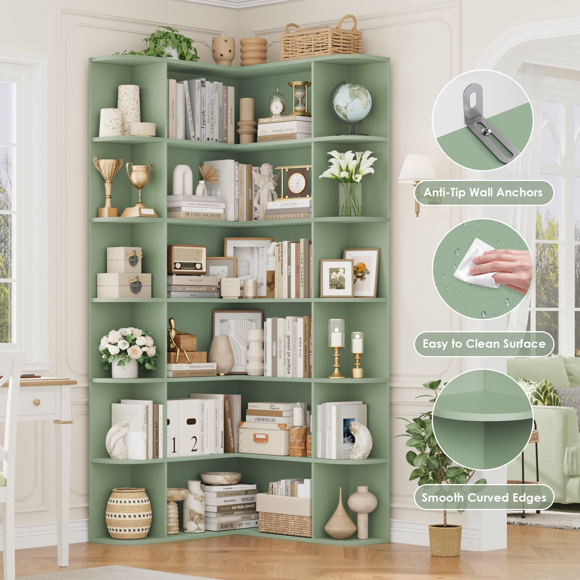 Homfa 73.9” Tall Corner Bookcase, 6 Tier L-Shaped Large Display Bookshelf with Curved Edges for Living Room Home Office Study, Green