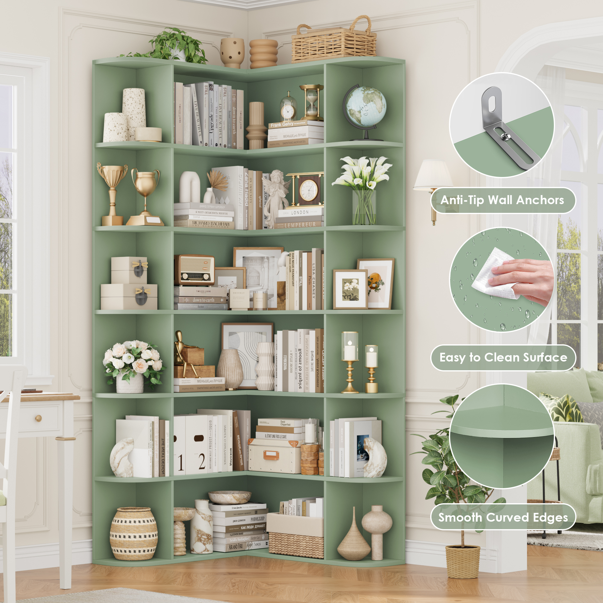 Homfa 6-Tier L-Shaped Corner Bookcase, 73.9 Inch, Green photo 7