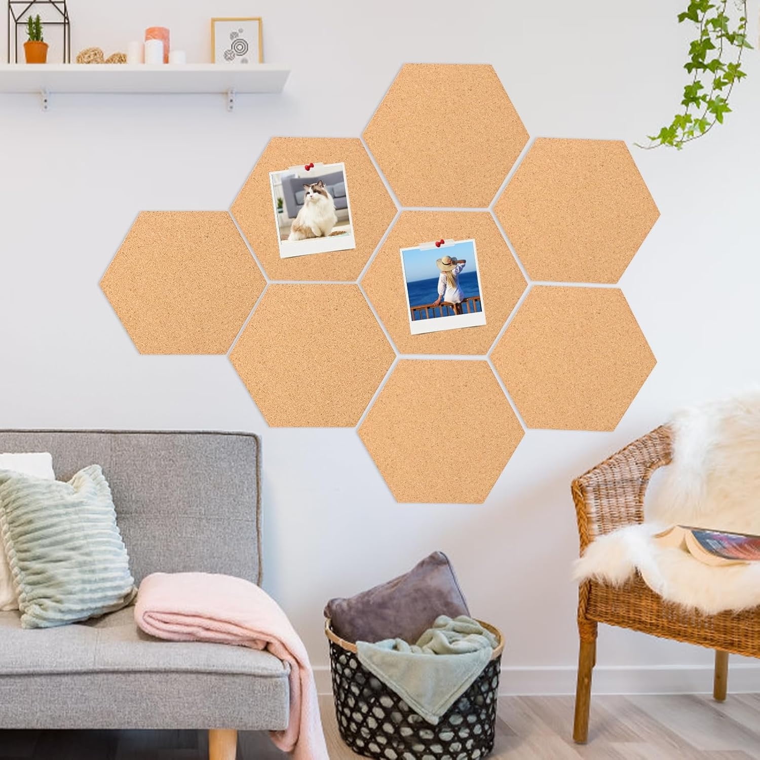 Self-Adhesive Wall Bulletin Board,6 Pack Hexagon Cork Board Tiles,DIY Notice Board,Wall Bulletin Board with 40 Push Pins, Application Message Board for DIY, Pictures Hanging, Office Home Decoration