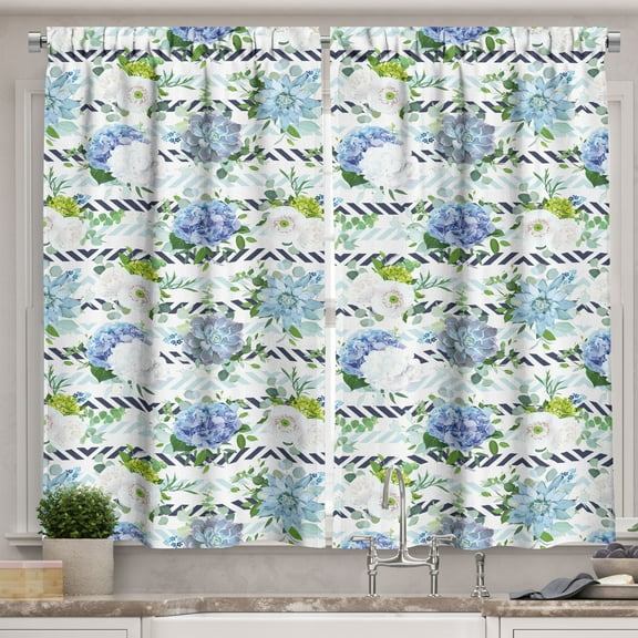 Ambesonne Hydrangea Kitchen Curtains, Fresh Flowers on Stripes, 55"x30", Multicolor