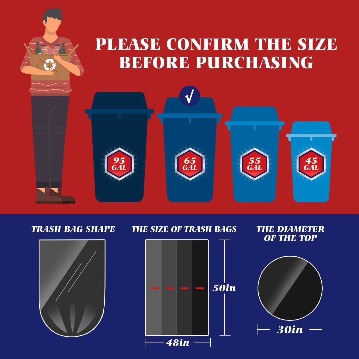 Large Black Trash Bags 64-65 Gallon 13 Counts Industrial Sturdy s, Extra Large Lawn and Leaf Bags Outdoor Commercial Trash Can Liner for Construction Sites, Workshops, Backyard