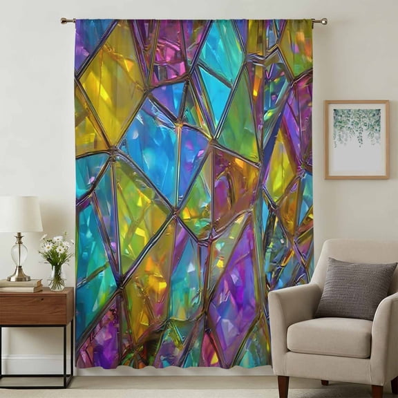 Stained Glass Sheer Curtains 72 Inches Long, Vintage Abstarct Geometric Pattern Art Light Filering Curtains, Breathable Simi Curtain Privacy Drapes for Living Room Lightweight Window Treatment