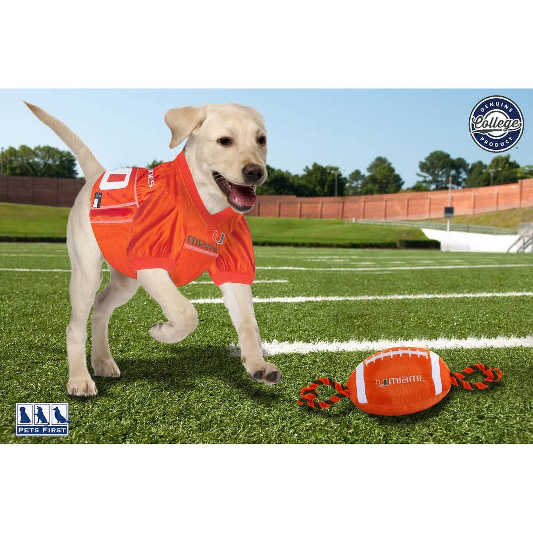 Pets First NCAA Miami Hurricanes Strong, Durable, Chewable Football Dog Toy with Inner Squeaker and Side Ropes, Officialy Licensed