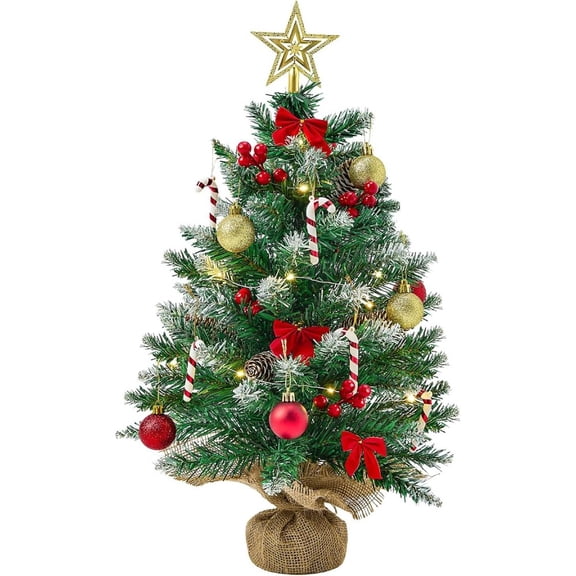 24/22 Inch Pre-lit Mini Tabletop Christmas Tree, Flocked Snowy Desktop Small Xmas Tree with Warm LED Lights Full Accessories for Holiday Home Decor