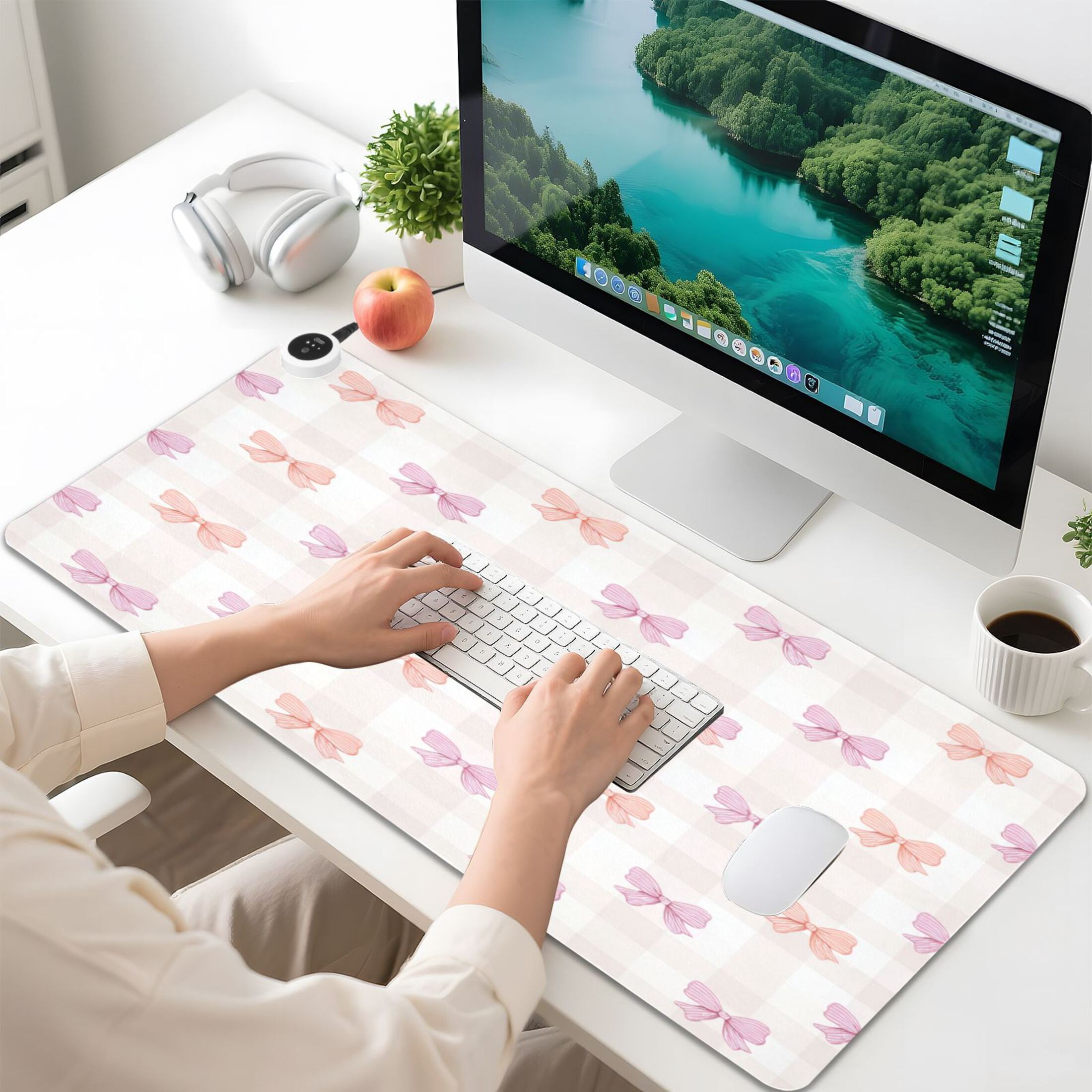 Large Heated Desk Mat Mouse Pad 31.5"x13"PU Leather Graphene Heating Desk Warmer with 3 Temperature Settings 110V US Plug Non-Slip Warm Pad for Home, Office, and Gaming Sweet Pastel Bow Pattern