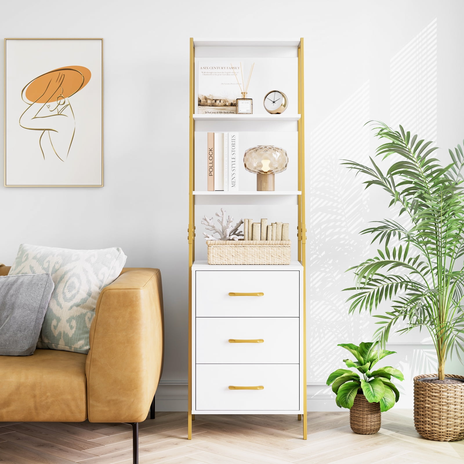 White and gold bookcase with drawers deals