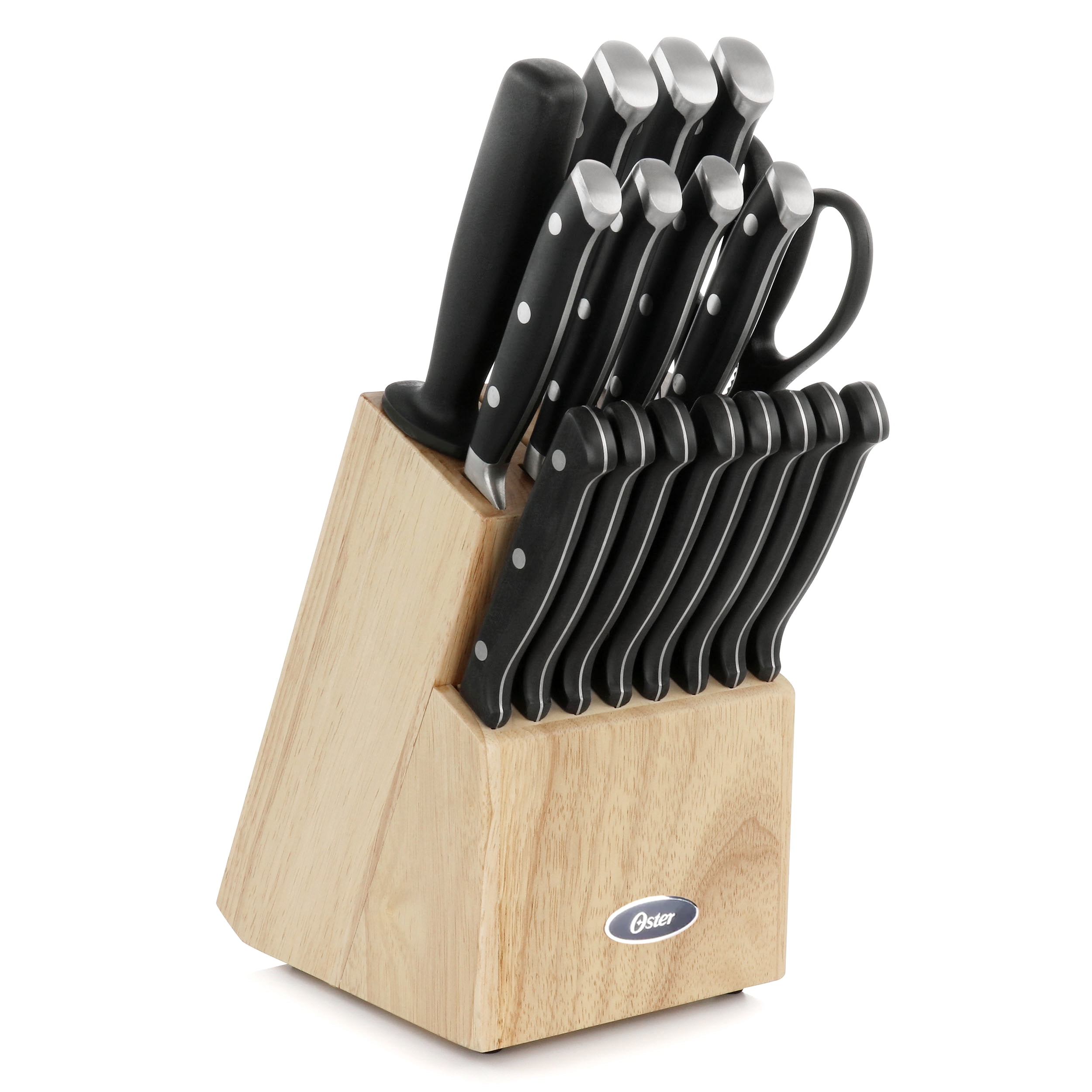 Oster Ginley 18 Piece Stainless Steel Cutlery Set in Black with Pinewood Block