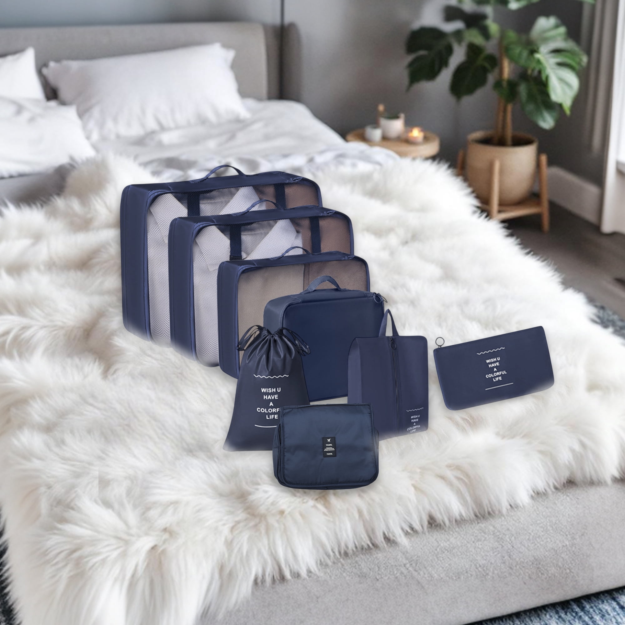 Unique Bargains Portable Packing Cube Set with 8 Different Pieces Navy Blue