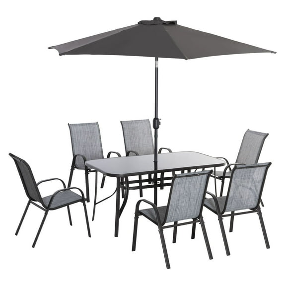 8-Piece Outdoor Dining Set with Umbrella, Patio Table and Chairs, Fast-Dry Fabric, 6 Chairs, Grey