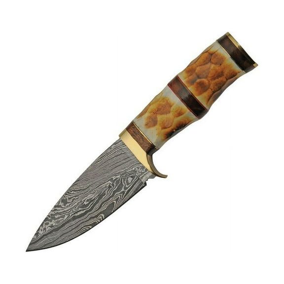 SANZ Damascus Flint Bone Hunting Knife 9 Inch - Camping Knife with Bone Handle, Full Tang Blade & Sheath - Pocket Knife for Hunting, Camping & Outdoor uses