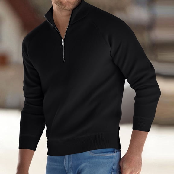 Qulqfy Slim Fit Sweater Men Quarter Zip Soft Black Knit Long Sleeve Stretchy Fall Comfortable Winter Sweater Mens Shirt L