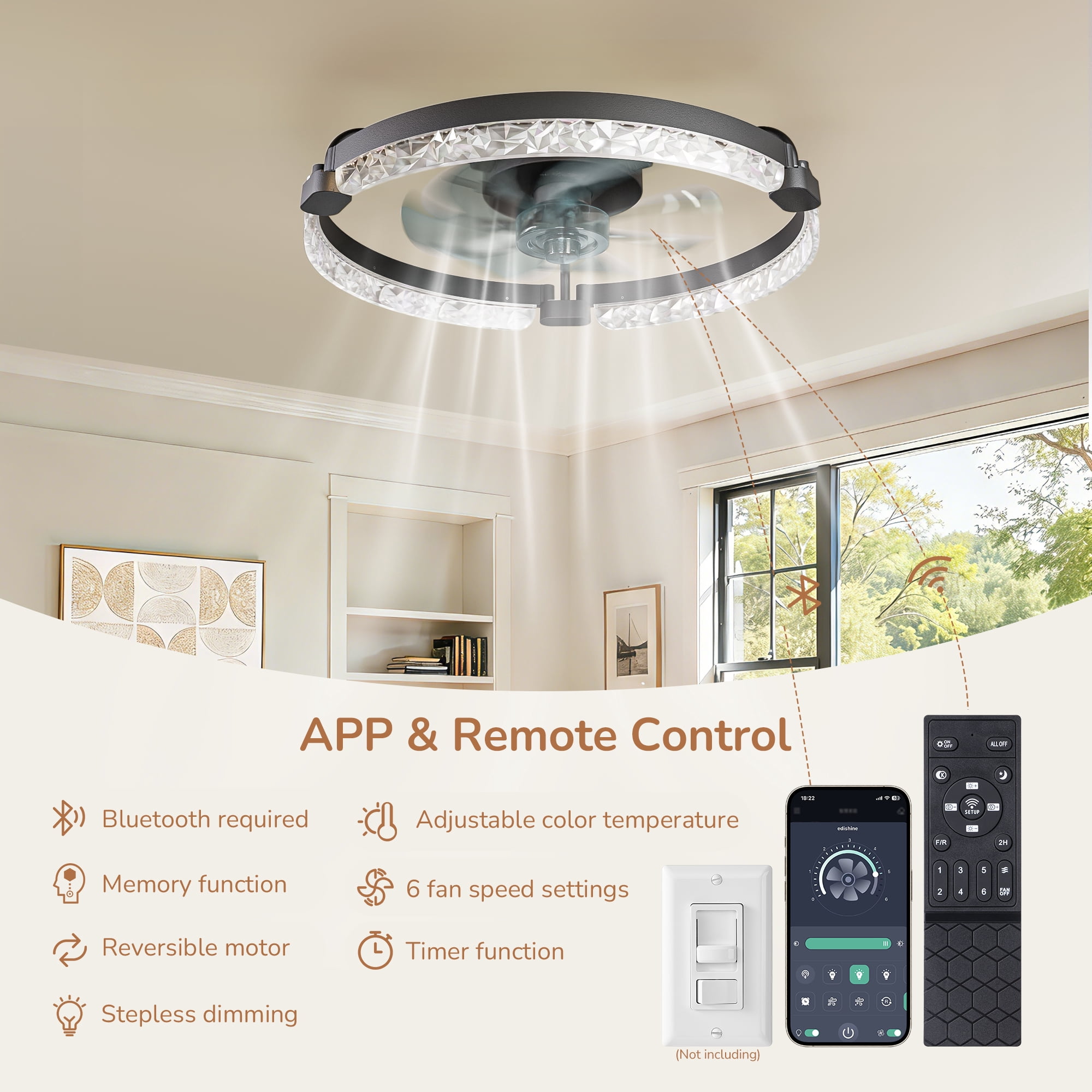 EDISHINE 20'' Low Profile Ceiling Fan with Light and Remote, Dimmable 3000K-6000K LED, 6 Speeds, DC Motor, APP Control, Modern Black Flush Mount Fandelier for Bedroom Kitchen