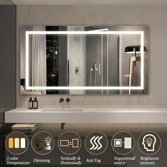 Hi-LIGHTS,60"x32" Bathroom Mirror with Dimmable LED lights & 3 Color Temperatures,Anti-Fog & Dimming Led Bathroom Vanity Mirror for Bathroom,Makeup,Barber Shop,Hotel(Transparent)