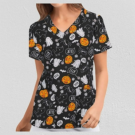 

Cakiesky Scrub Uniforms for Women Comfort V Neck Xmas Plus Size Scrub Shirts for Women Black XXL