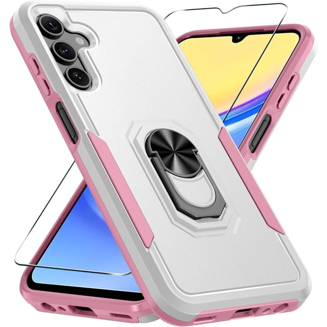 KOMI Compatible with Samsung Galaxy A15 5G Case with Screen Protector+Camera Lens Protector,Heavy Duty Full Body Phone Cover Built in Metal Ring Holder Kickstand,2024 White