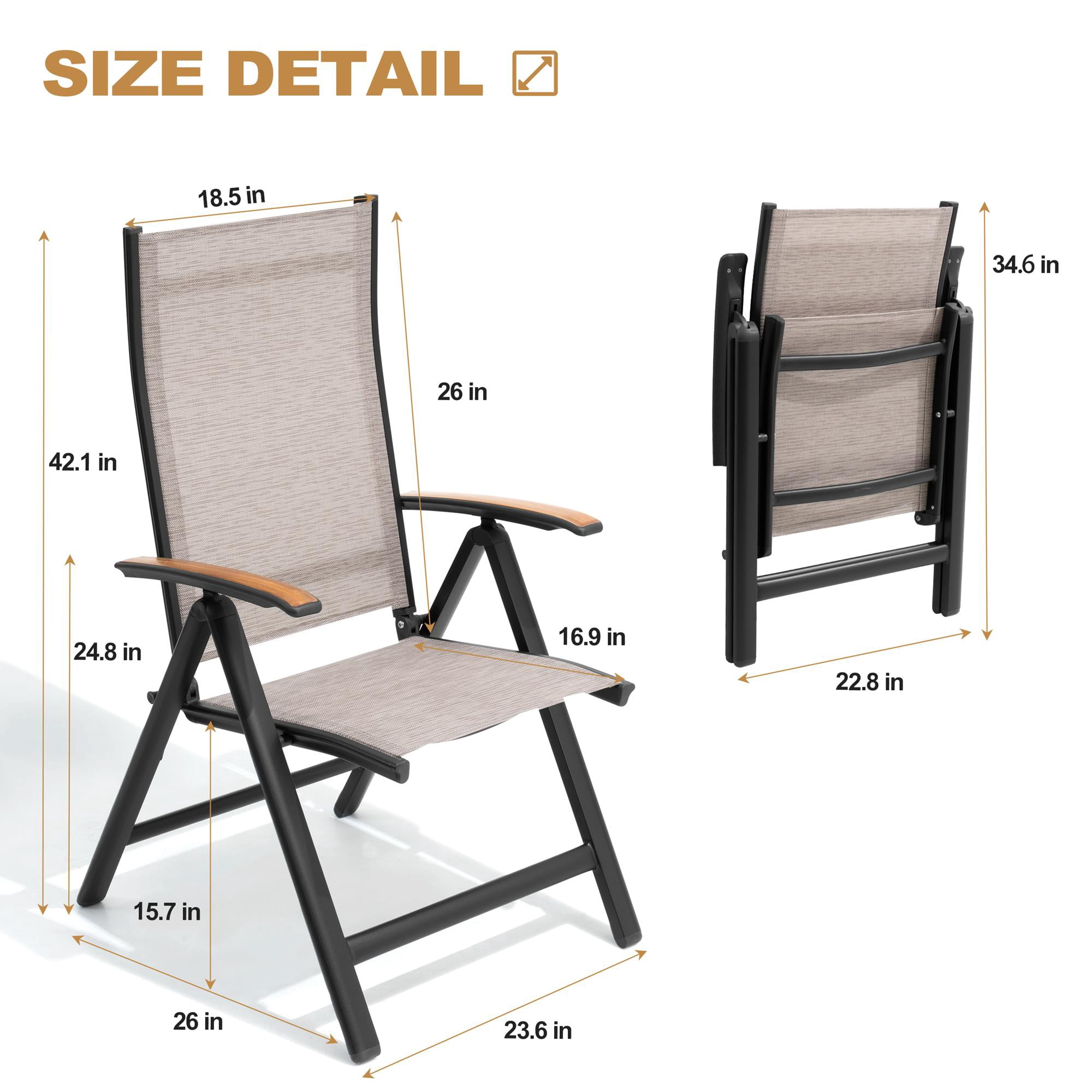 Pellebant Folding Outdoor Chairs Set of 2, High Back Aluminum Patio Recliners with Teak Armrests for Outside Porch, No Assembly Required