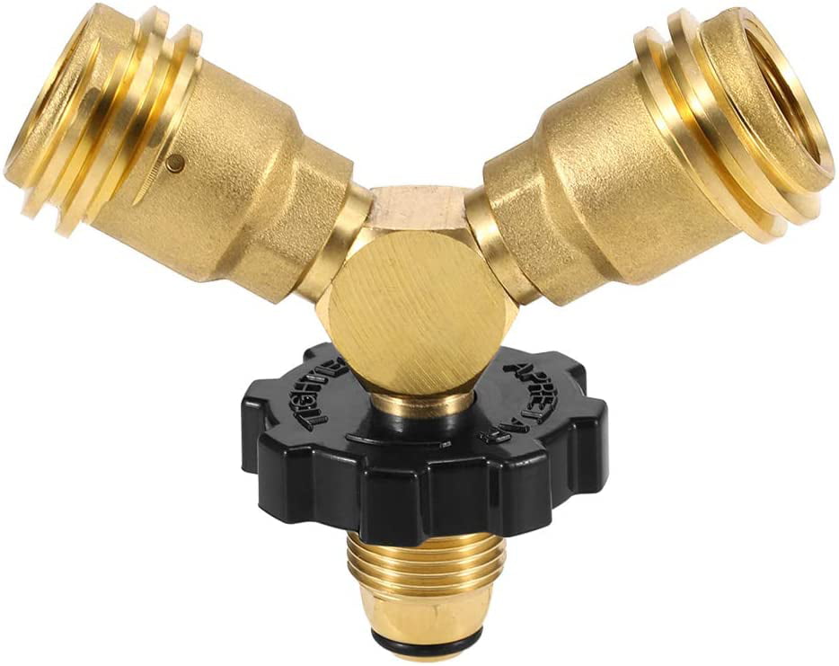 Propane Tank Y Splitter Adapter with Valves 2 Way LP Gas Adapter Tee Connector 