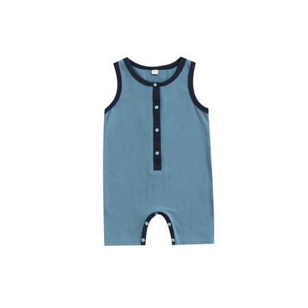

Frobukio Newborn Infant Baby Boys Summer Jumpsuit Sleeveless Round Neck Contrast Color Snap Closure Romper Bodysuit Blue 12-18 Months
