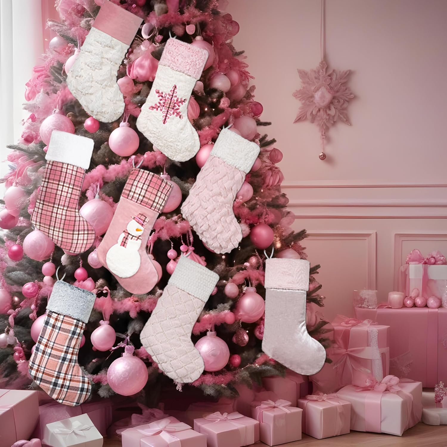 Miora Pink Plush Christmas Stockings, 20 Inch Holiday Hanging Decor Set of 6, Classic Plaid Fireplace Sacks