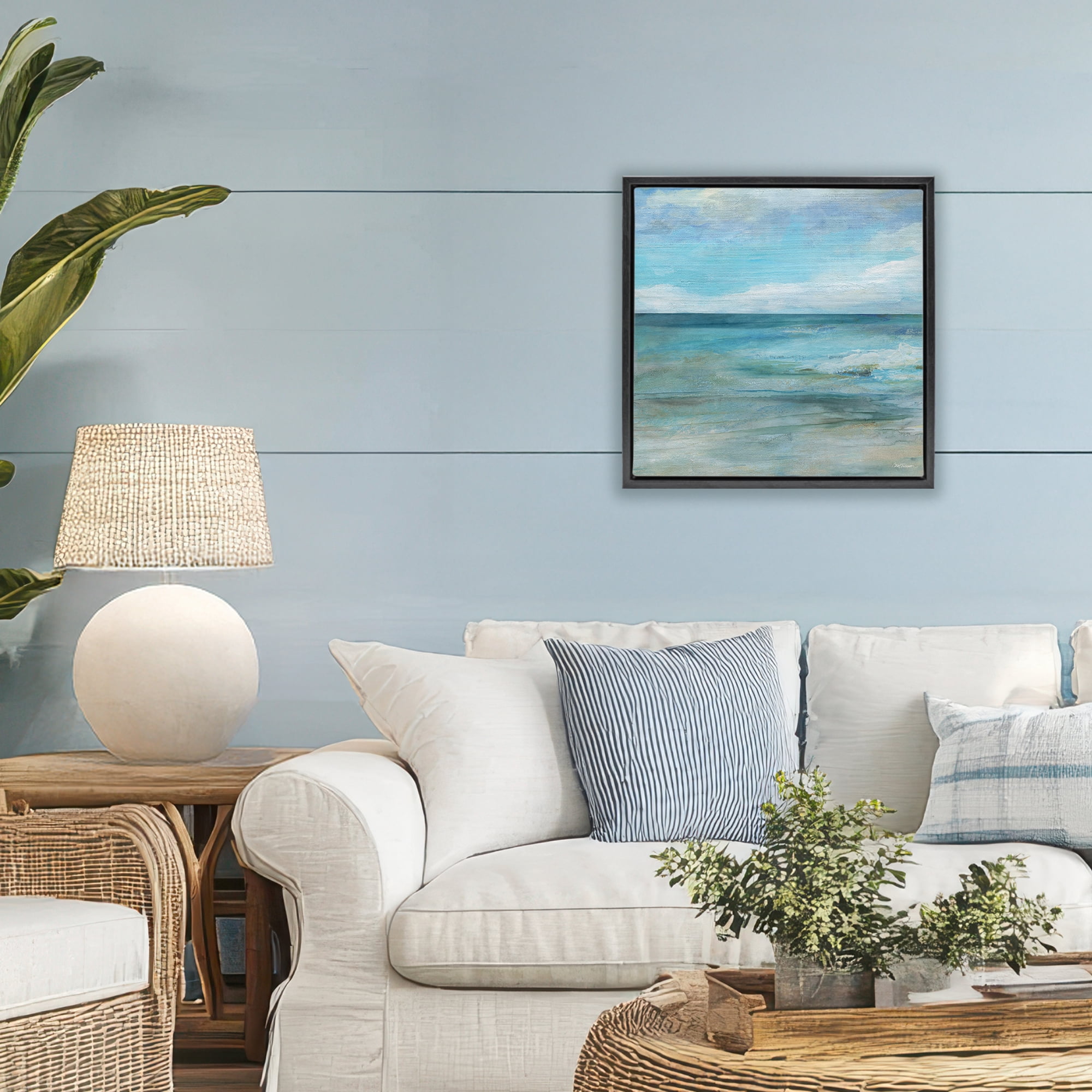 Stupell Industries Aqua Ocean Horizon Abstract Black Framed Floater Canvas Wall Art, design by Carol Robinson