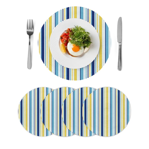 Blue Yellow Striped Round 13 Inch Placemats Set of 4, Farmhouse Navy Blue Ombre Stripes HeatResistant Non Slip Place Mats for Dining Table, Wipeable Braided Kitchen Table Mats for Housewarming