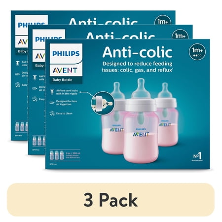 (3 pack) Philips Avent Anti-colic Bottle with AirFree Vent, 9oz, 3pk, Pink, SCY703/13