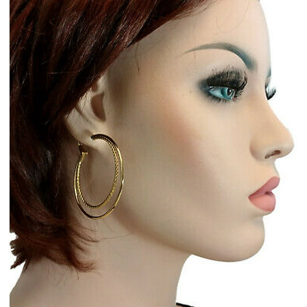 Pierced Earrings Gold Tone Double Hoop Twisted Detail 2" Surgical Steel