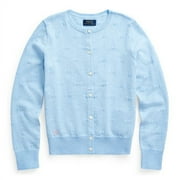 Ralph Lauren LIGHT BLUE HEATHER Girls Knit-Hearts Cotton Cardigan, US X-Large