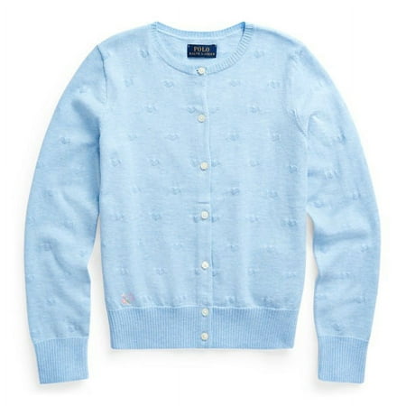 Ralph Lauren LIGHT BLUE HEATHER Girls Knit-Hearts Cotton Cardigan, US X-Large